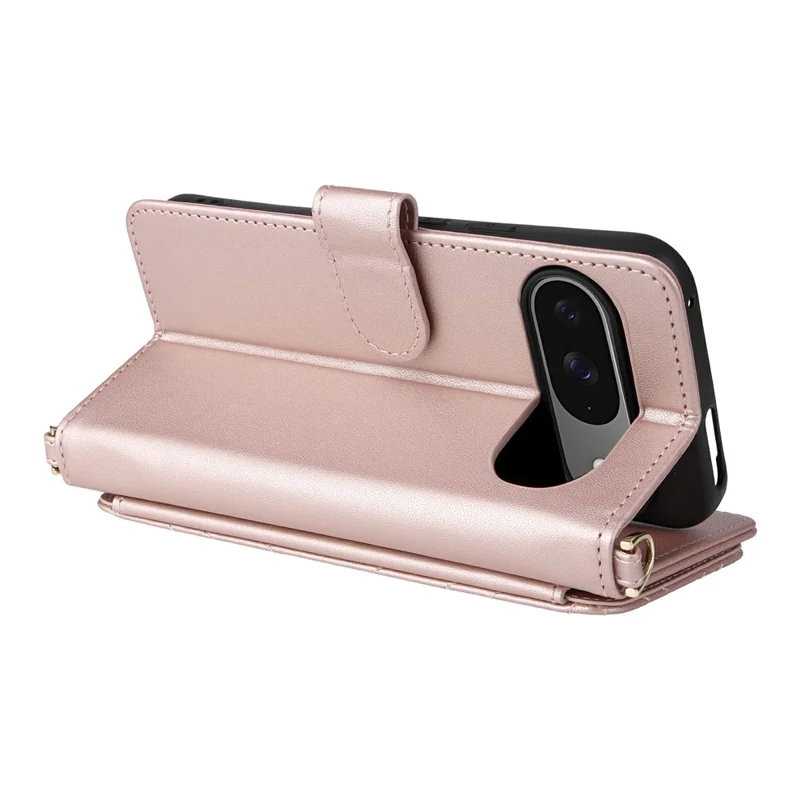 Étui pour Google Pixel 10 / 10 Pro avec Sangle d'Épaule / Poignet Housse en Cuir Support et Portefeuille - Rose