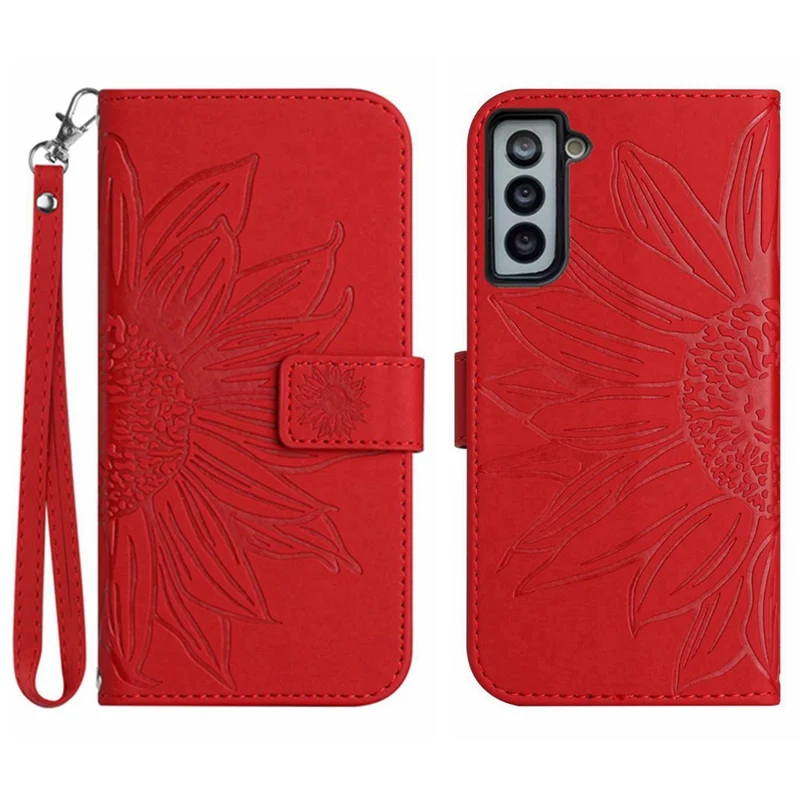 For Samsung Galaxy S22+ 5G HT04 Imprinted Sunflower PU Leather Phone Case Skin-Touch Wallet Stand Magnetic Closure Protective Cover with Strap - Red
