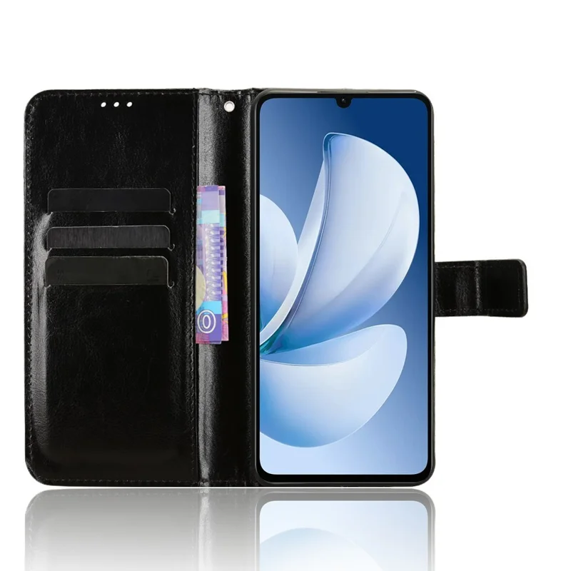 Funda de Cuero PU para Realme Note 70T 4G / Narzo 80 Lite 4G / Realme C71 4G (India) con Textura de Caballo Loco, Tapa Cartera para Teléfono con Correa - Negro