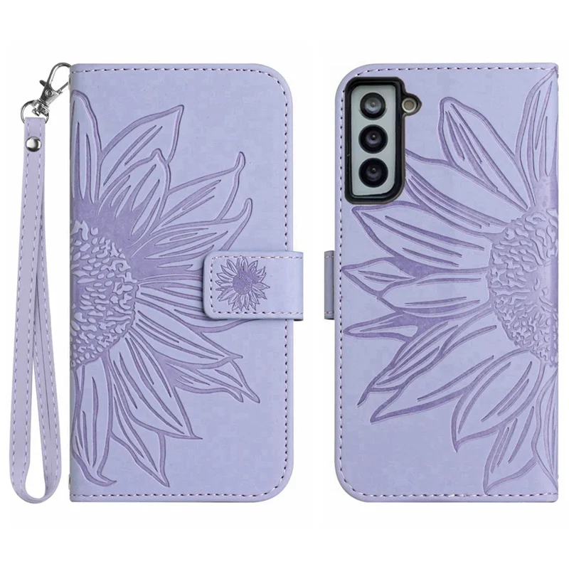 For Samsung Galaxy S22 5G HT04 Phone Case, Full Coverage Skin-Touch PU Leather Imprinted Sunflower Stand Wallet Cover with Hand Strap - Light Purple