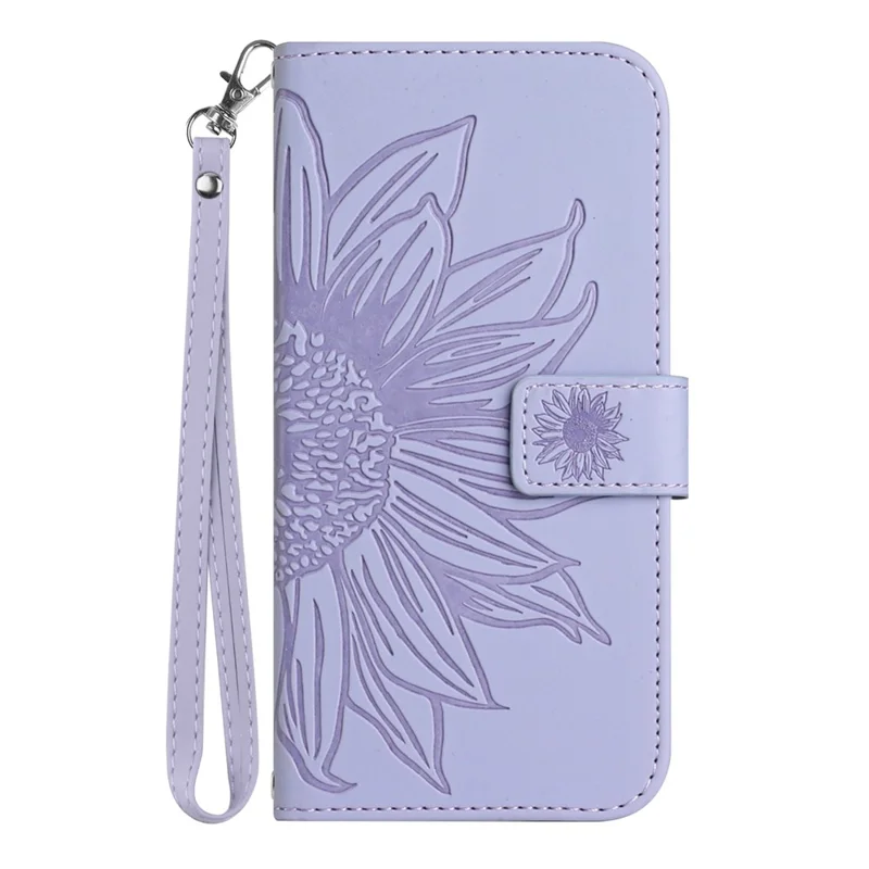 For Samsung Galaxy S22 5G HT04 Phone Case, Full Coverage Skin-Touch PU Leather Imprinted Sunflower Stand Wallet Cover with Hand Strap - Light Purple