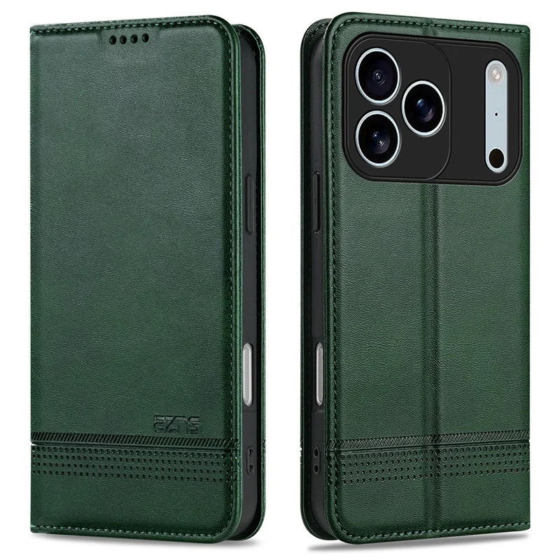 AZNS For iPhone 17 Pro Case Cowhide Texture PU Leather Wallet Phone Cover - Green