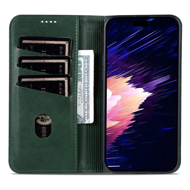 AZNS For iPhone 17 Pro Case Cowhide Texture PU Leather Wallet Phone Cover - Green