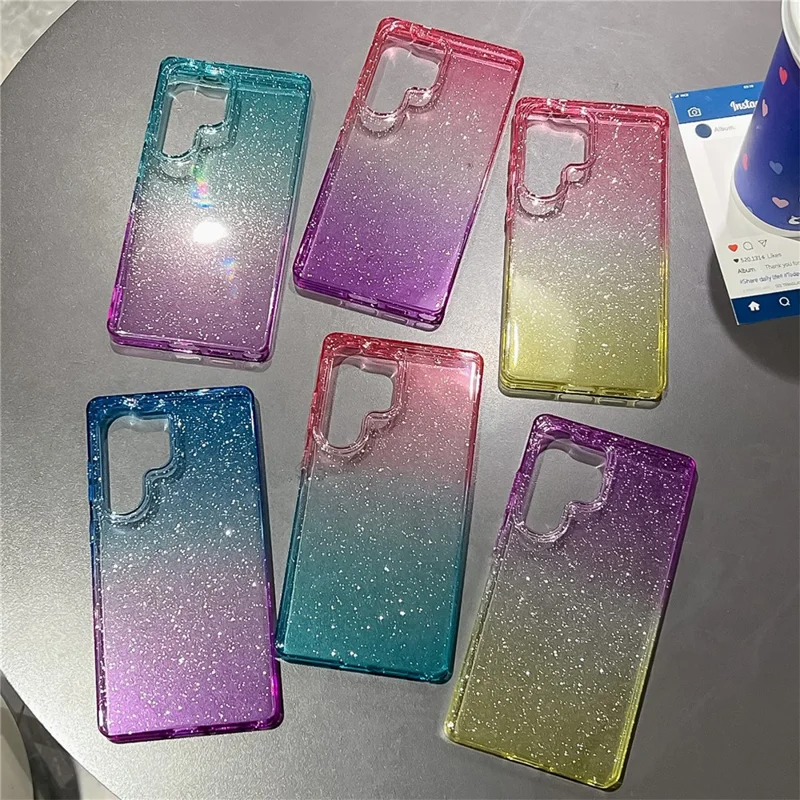 For Samsung Galaxy S25 Ultra Case Transparent Glitter Dual Color PC + TPU Phone Cover - Purple / Yellow