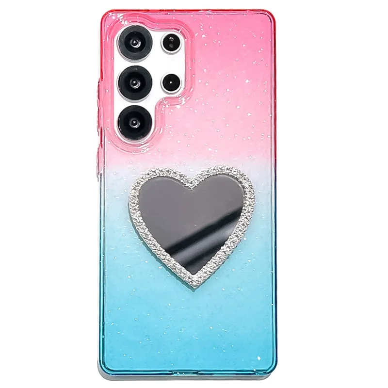 Samsung Galaxy S25 Ultra Hülle Glitzer Dual Color PC + TPU Klare Handyhülle mit Herz-Spiegel - Pink / Himmelblau