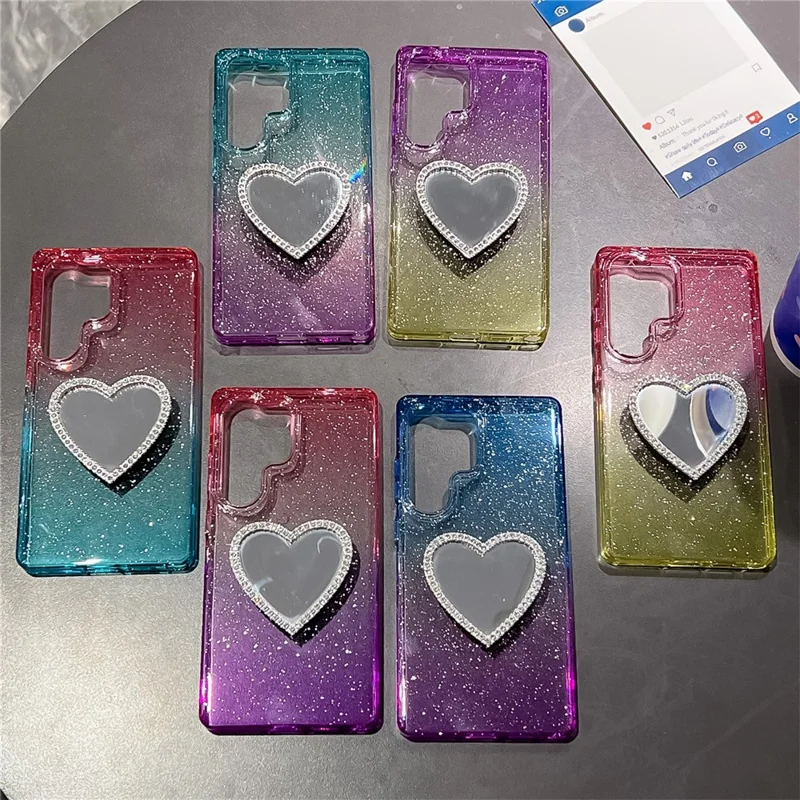 Samsung Galaxy S25 Ultra Hülle Glitzer Dual Color PC + TPU Klare Handyhülle mit Herz-Spiegel - Pink / Himmelblau