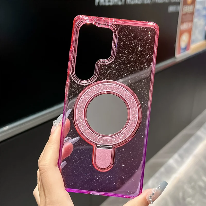 For Samsung Galaxy S25 Ultra Case Glitter PC + TPU Clear Mirror Kickstand Phone Cover with Compatible with MagSafe - Pink / Purple