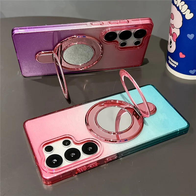 For Samsung Galaxy S25 Ultra Case Glitter PC + TPU Clear Mirror Kickstand Phone Cover with Compatible with MagSafe - Pink / Purple