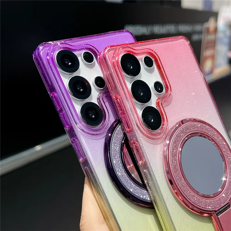 For Samsung Galaxy S25 Ultra Case Glitter PC + TPU Clear Mirror Kickstand Phone Cover with Compatible with MagSafe - Pink / Purple