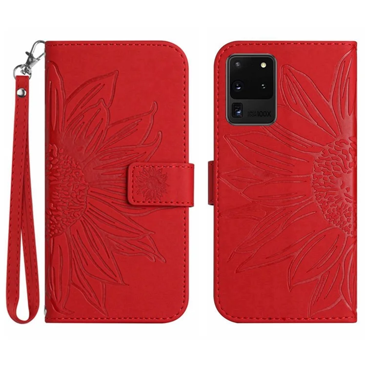 Para la Caja Del Teléfono Samsung Galaxy S20 Ultra Ht04, la Cubierta de la Billetera de Soporte de Cuero Imprudente de la Piel de la Piel, la Piel de Cuero Impreso Con Correa de Girasol Con Correa Para la Mano - Rojo