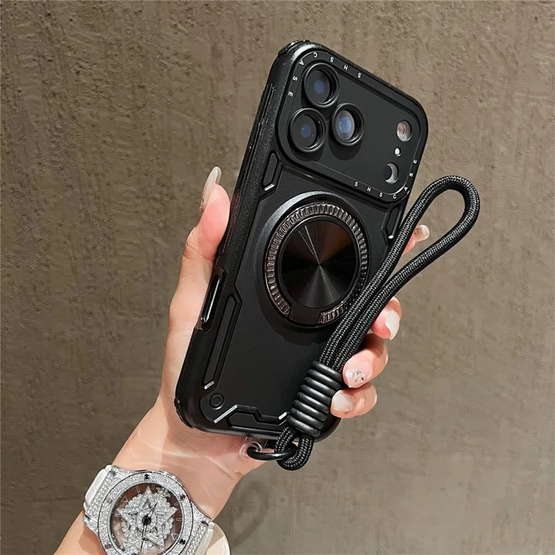 For iPhone 18 Pro / 17 Pro Case with Strap, Ring Kickstand PC + TPU Shockproof Phone Back Cover - Black