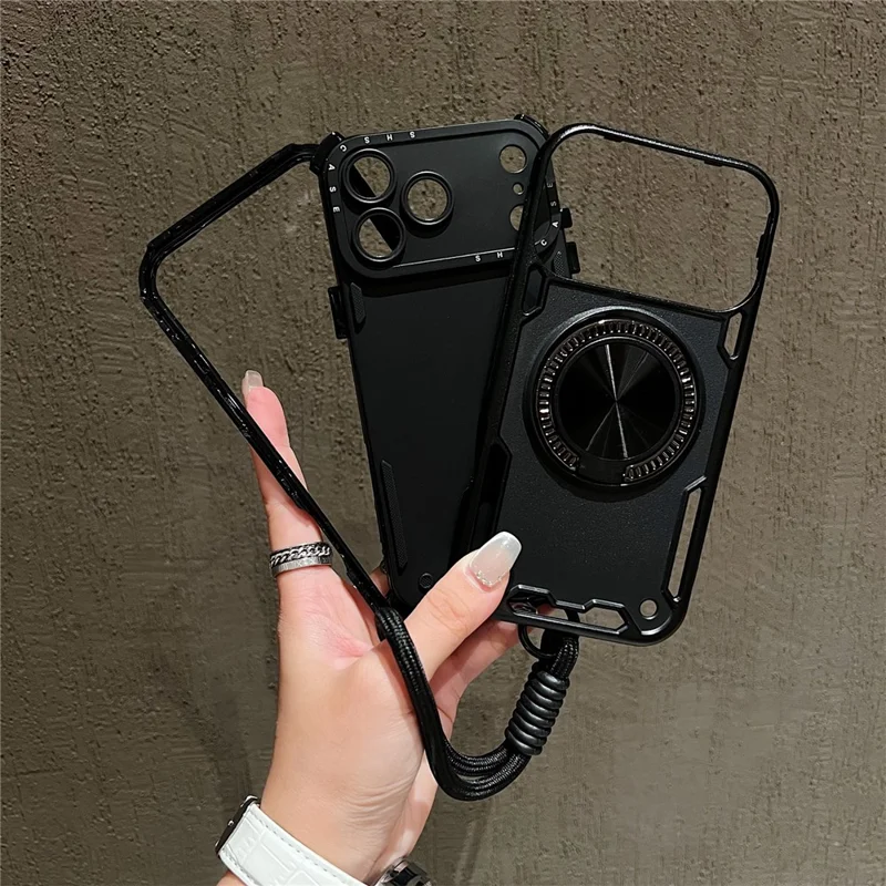 For iPhone 18 Pro Max / 17 Pro Max Case with Strap, Ring Kickstand PC + TPU Shockproof Phone Back Cover - Black