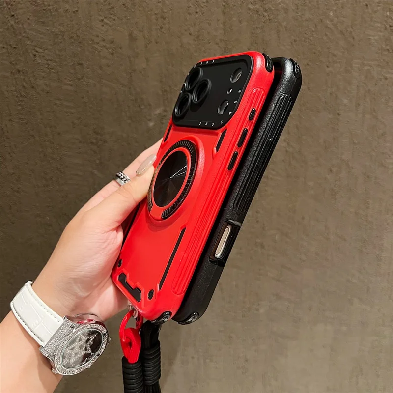 For iPhone 18 Pro Max / 17 Pro Max Case with Strap, Ring Kickstand PC + TPU Shockproof Phone Back Cover - Black