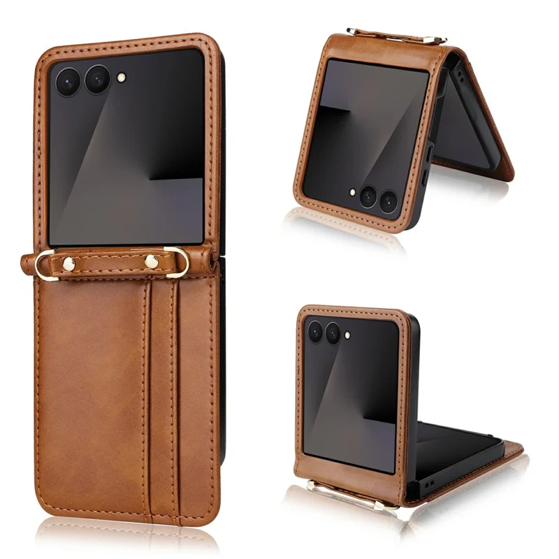 For Samsung Galaxy Z Flip7 5 Case Card Slots Leather Phone Cover with Lanyard - Brown