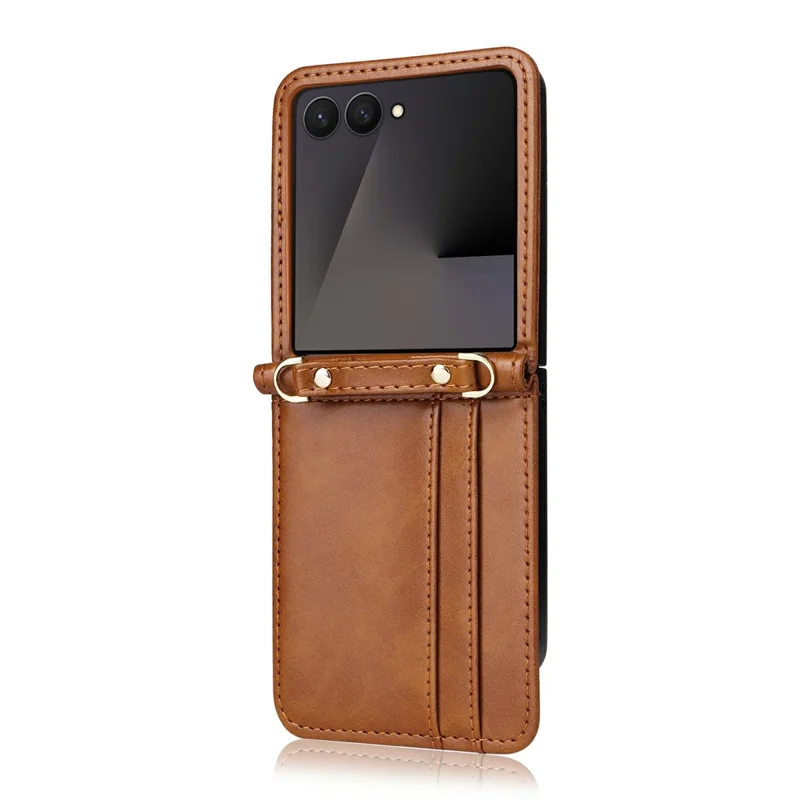 For Samsung Galaxy Z Flip7 5 Case Card Slots Leather Phone Cover with Lanyard - Brown