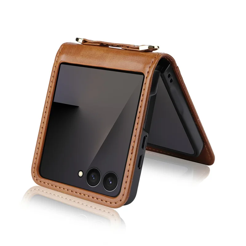 For Samsung Galaxy Z Flip7 5 Case Card Slots Leather Phone Cover with Lanyard - Brown