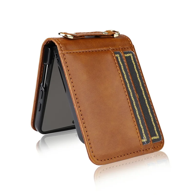 For Samsung Galaxy Z Flip7 5 Case Card Slots Leather Phone Cover with Lanyard - Brown