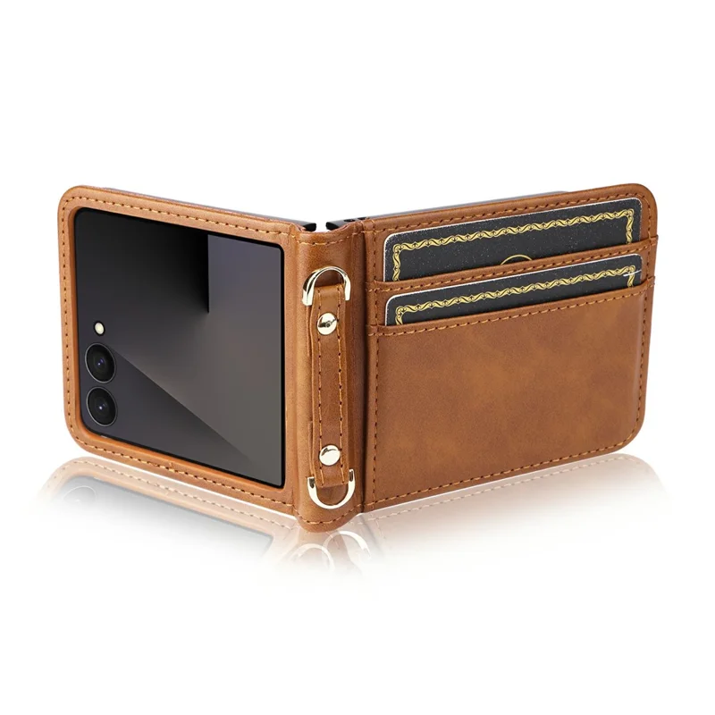 For Samsung Galaxy Z Flip7 5 Case Card Slots Leather Phone Cover with Lanyard - Brown