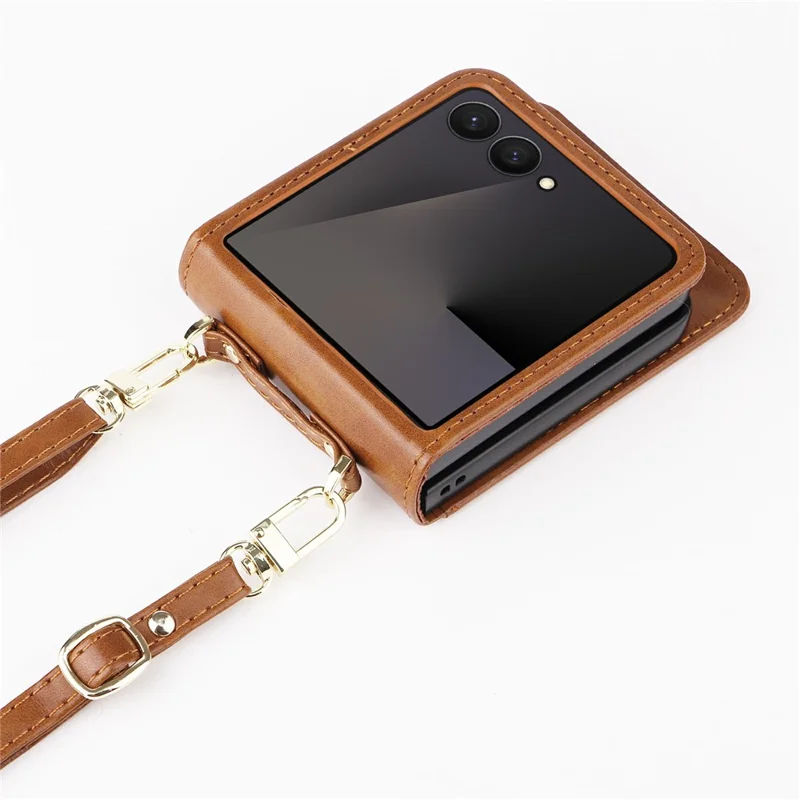 For Samsung Galaxy Z Flip7 5 Case Card Slots Leather Phone Cover with Lanyard - Brown