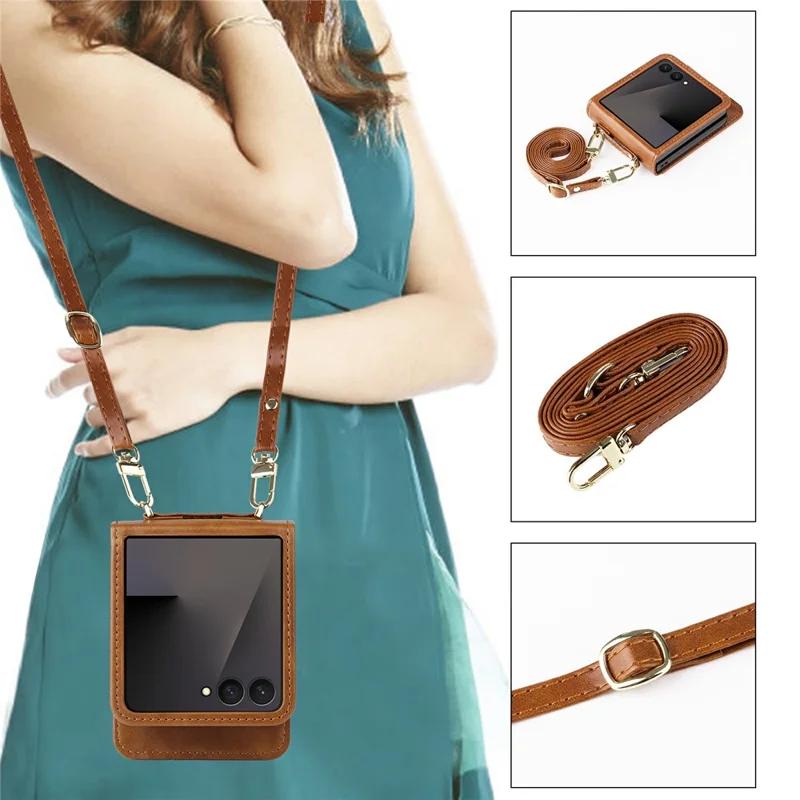 For Samsung Galaxy Z Flip7 5 Case Card Slots Leather Phone Cover with Lanyard - Brown