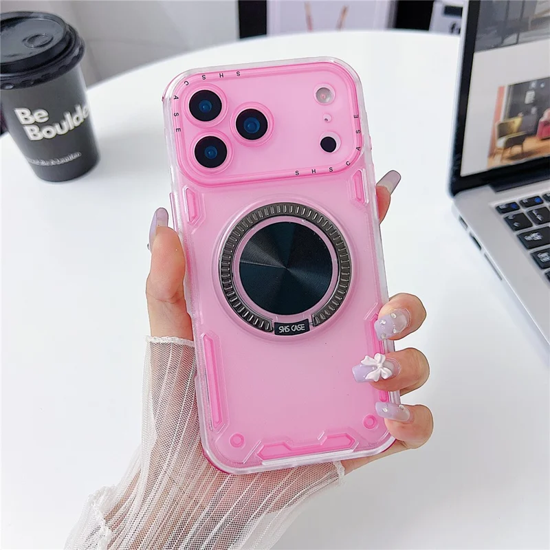 For iPhone 17 Pro Case Ring Kickstand PC + TPU Translucent Telefoonhoesje - Roze