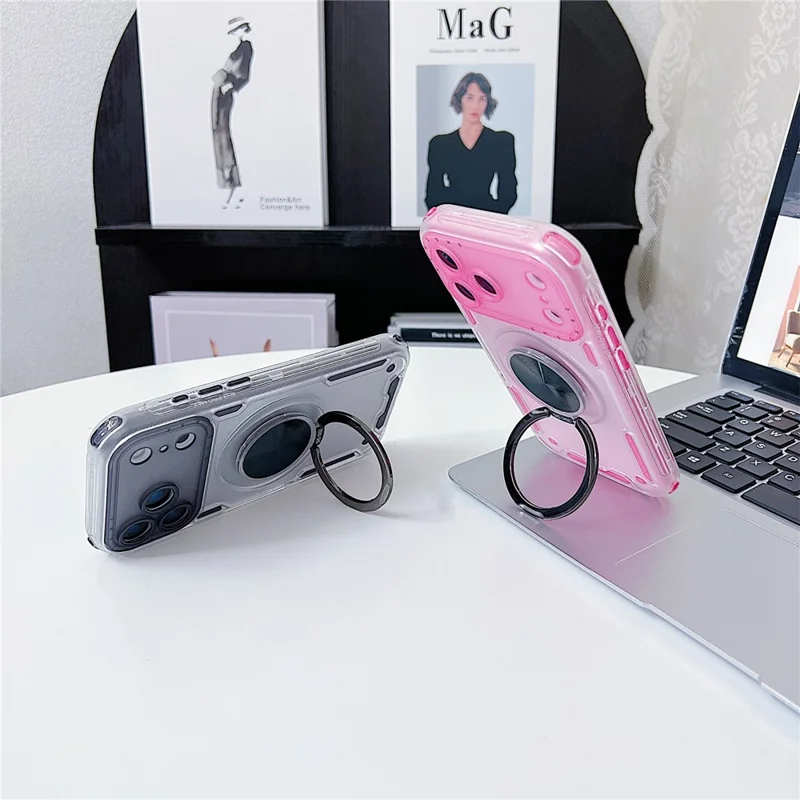 For iPhone 17 Pro Case Ring Kickstand PC + TPU Translucent Telefoonhoesje - Roze