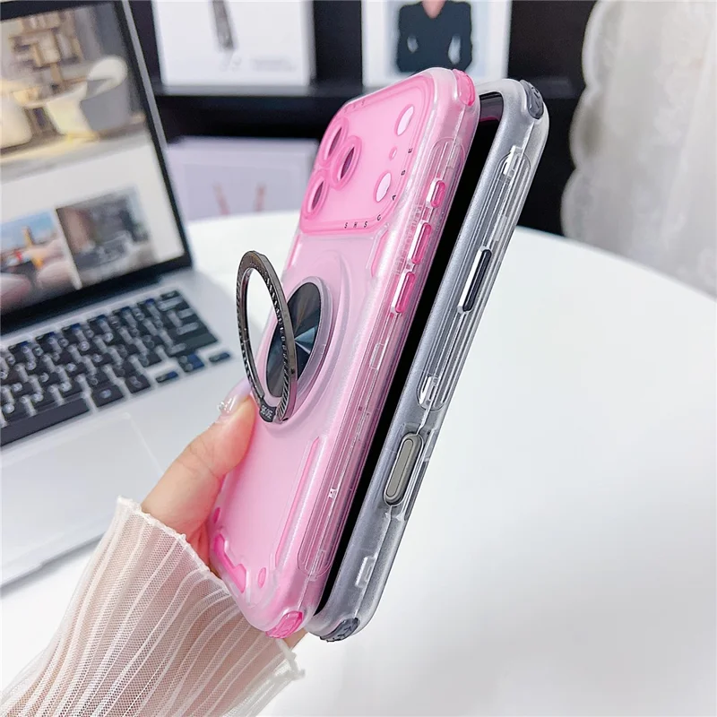 For iPhone 17 Pro Case Ring Kickstand PC + TPU Translucent Telefoonhoesje - Roze