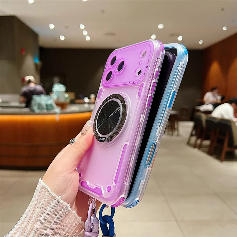 For iPhone 18 Pro / 17 Pro Case Ring Kickstand PC + TPU Translucent Phone Back Cover with Hand Strap - Purple