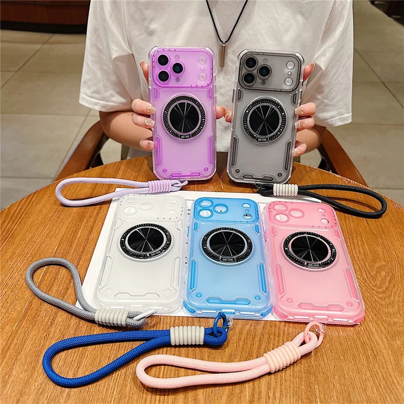 For iPhone 18 Pro / 17 Pro Case Ring Kickstand PC + TPU Translucent Phone Back Cover with Hand Strap - Purple