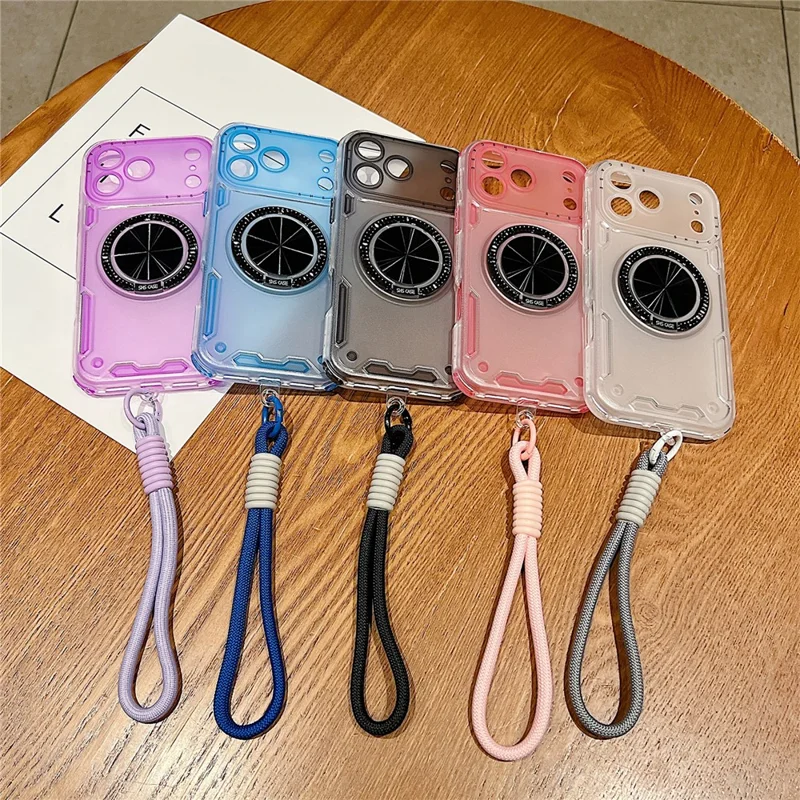 For iPhone 18 Pro / 17 Pro Case Ring Kickstand PC + TPU Translucent Phone Back Cover with Hand Strap - Purple