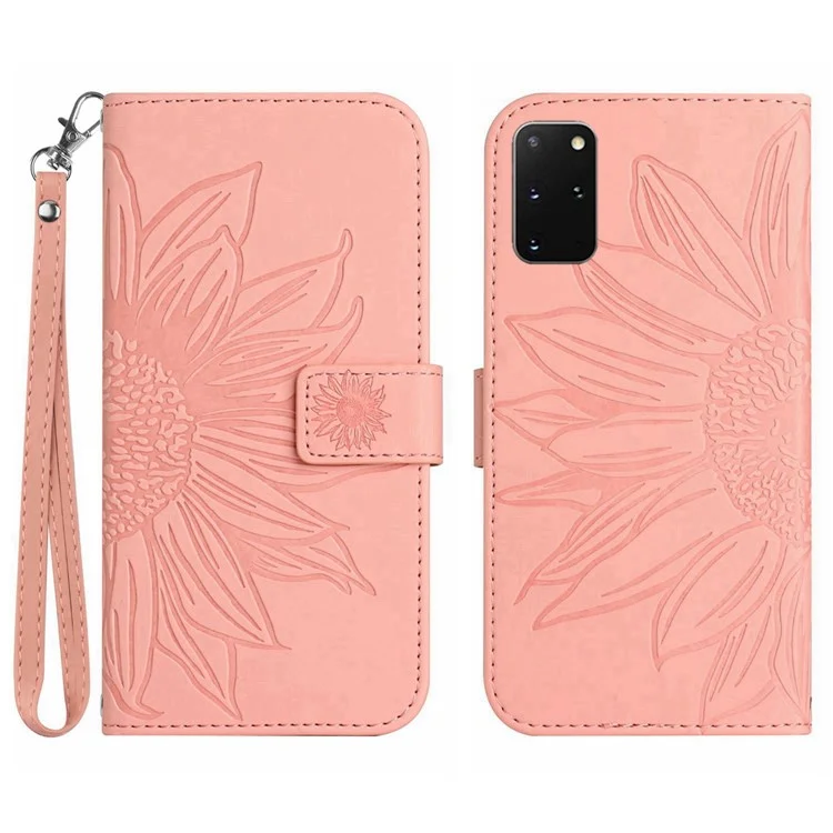 For Samsung Galaxy S20 Plus 4G / 5G HT04 Phone Case, Well-protected Skin-Touch PU Leather Imprinted Sunflower Stand Wallet Cover with Hand Strap - Light Pink