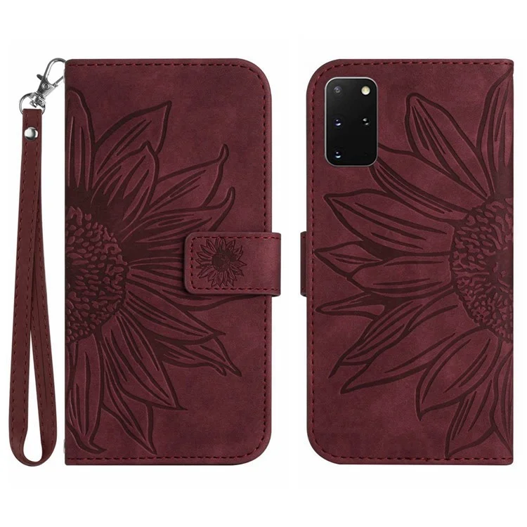 Per Samsung Galaxy S20 Plus 4G / Custodia Per Telefono 5G Ht04, Pelliccia di Girasole in Pelle Ben Protetta Per la Pelle Per il Portafoglio di Girasole Con Cinghia Con Cinturino Per Mano - Vino Rosso