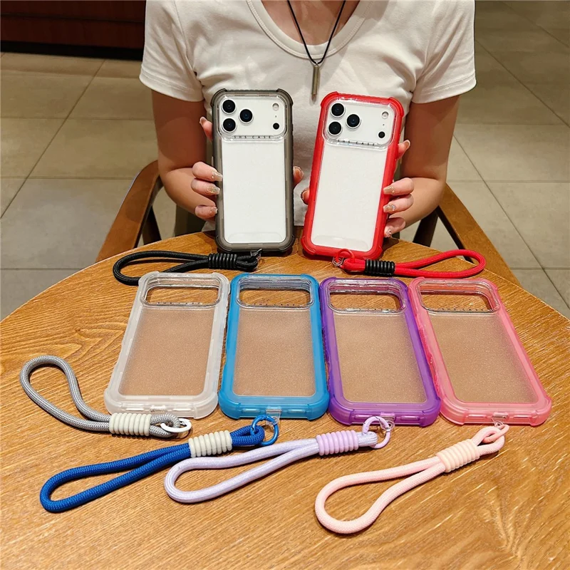 For iPhone 17 Pro Max Case 3 in 1 TPU+PC Matte Phone Cover Shockproof Back Protector with Hand Strap - Pink