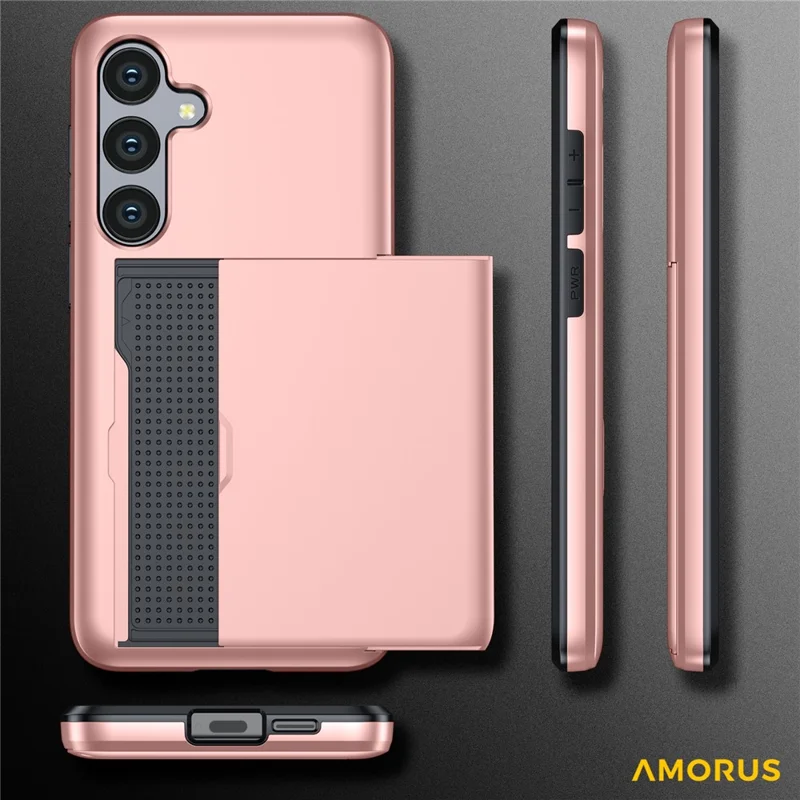 AMORUS For Samsung Galaxy S25 FE Case with Sliding Card Holder PC TPU Phone Back Cover - Rose Gold