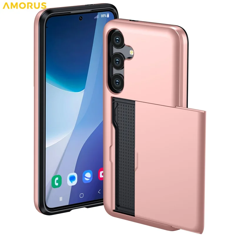 AMORUS For Samsung Galaxy S25 FE Case with Sliding Card Holder PC TPU Phone Back Cover - Rose Gold