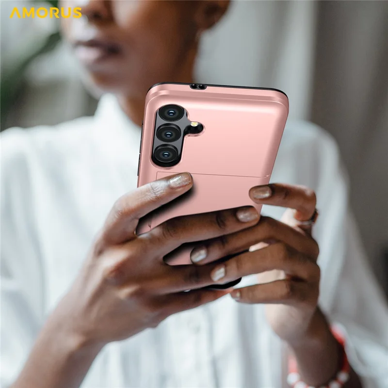 AMORUS For Samsung Galaxy S25 FE Case with Sliding Card Holder PC TPU Phone Back Cover - Rose Gold