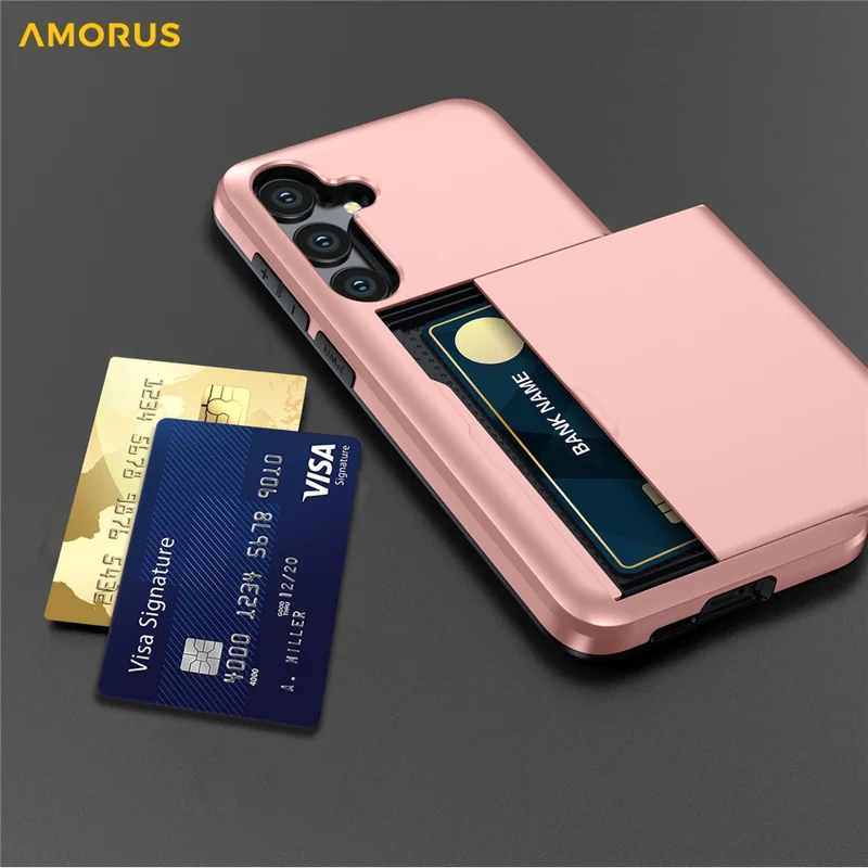 AMORUS For Samsung Galaxy S25 FE Case with Sliding Card Holder PC TPU Phone Back Cover - Rose Gold