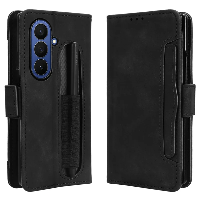 Für Samsung Galaxy Z Fold7 5G Ständer Hülle mit Stiftehalter Leder Geldbörse Handyhülle - Schwarz