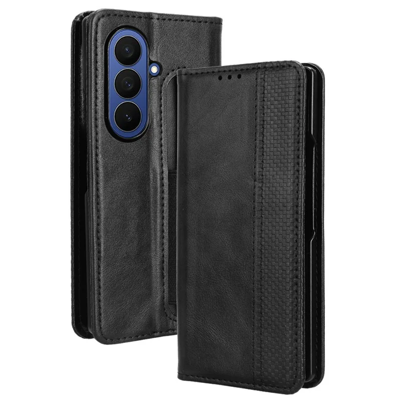 Für Samsung Galaxy Z Fold7 5G Hülle mit Stifthalter Retro PU-Leder Handyhülle - Schwarz