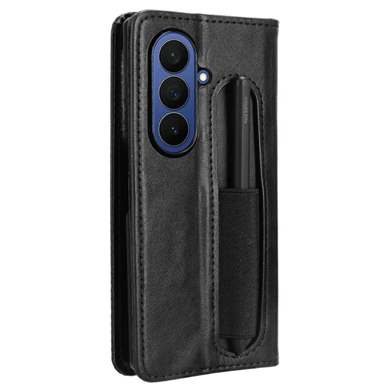 Für Samsung Galaxy Z Fold7 5G Hülle mit Stifthalter Retro PU-Leder Handyhülle - Schwarz