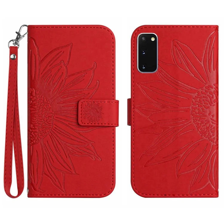 Per Samsung Galaxy S20 4G / Custodia Per Telefono 5G Ht04, Cuoio Per la Pelle di Girasole in Pelle Completamente Avvolto in Pelle Con Cinghia Con Cinturino Per Mano - Rosso