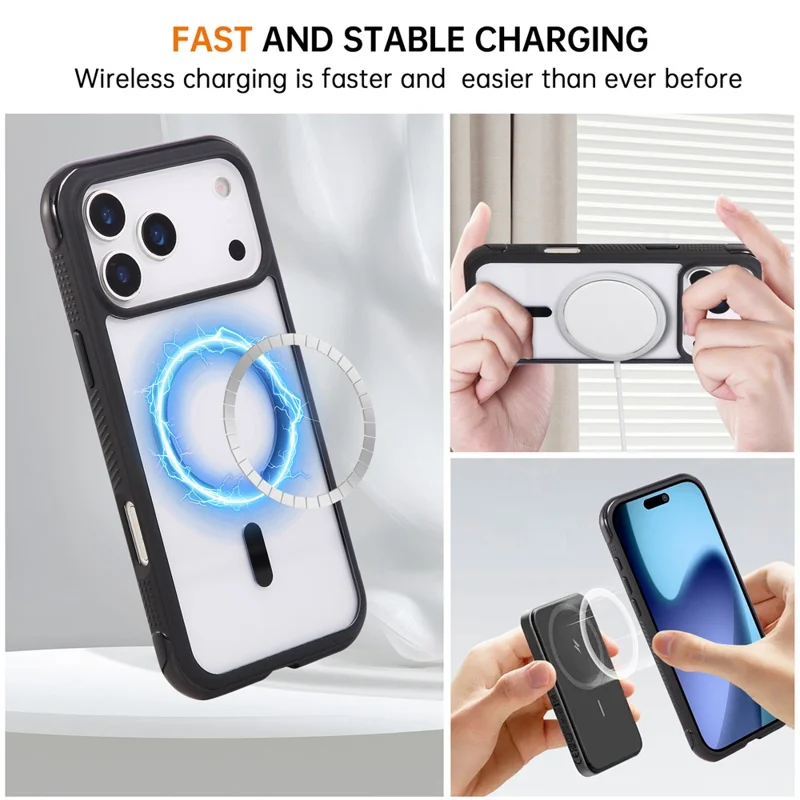 For iPhone 17 Pro Case Compatible with MagSafe TPU + PC Transparent Phone Cover with Wrist Strap - Black