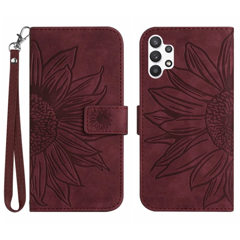 For Samsung Galaxy A32 / M32 5G HT04 PU Leather Shockproof Case Imprinted Sunflower Skin-Touch Phone Stand Wallet Cover with Hand Strap - Wine Red