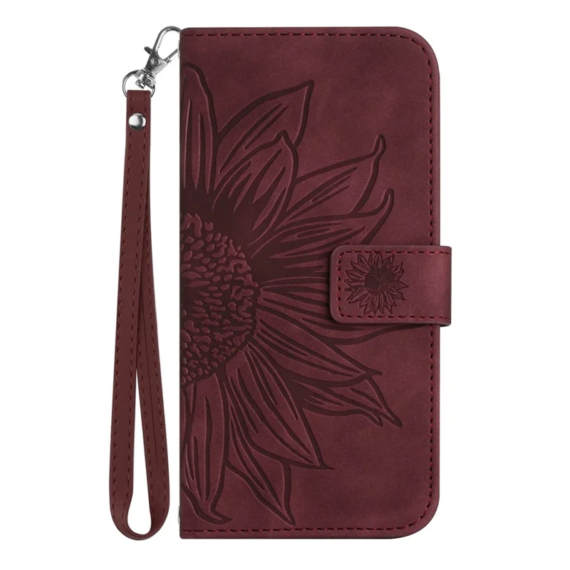 For Samsung Galaxy A32 / M32 5G HT04 PU Leather Shockproof Case Imprinted Sunflower Skin-Touch Phone Stand Wallet Cover with Hand Strap - Wine Red