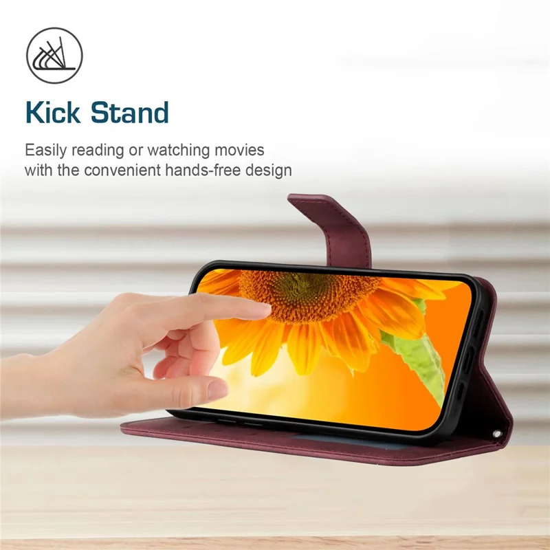 For Samsung Galaxy A32 / M32 5G HT04 PU Leather Shockproof Case Imprinted Sunflower Skin-Touch Phone Stand Wallet Cover with Hand Strap - Wine Red