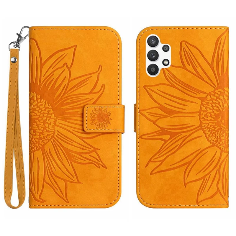For Samsung Galaxy A32 4G (EU Version) HT04 Skin-Touch PU Leather Full Protection Wallet Case Imprinted Sunflower Adjustable Stand Cover with Hand Strap - Yellow