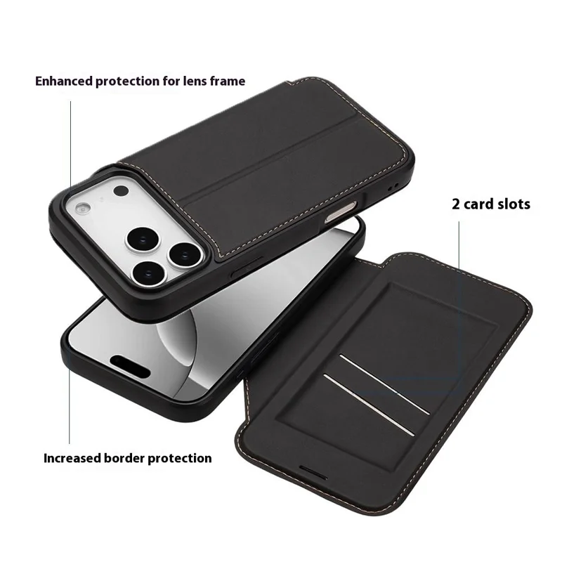 Voor iPhone 17 Pro Max hoesje met magnetische sluiting, kaartvak, lederen fliphoes - Zwart