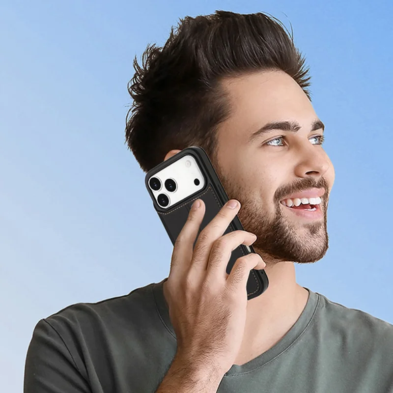 Voor iPhone 17 Pro Max hoesje met magnetische sluiting, kaartvak, lederen fliphoes - Zwart