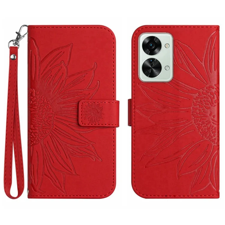 Für OnePlus Nord 2T 5G HT04 Hauttouch Eingeprägter Sonnenblumen-telefon Schockdosen Hülle PU Leder Faltbares Stand Wallet With Mit Handgurt - Rot