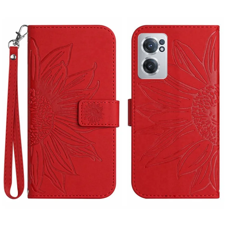 For OnePlus Nord CE 2 5G HT04 Imprinted Sunflower Anti-drop Anti-scratch Case Skin-Touch PU Leather Phone Stand Wallet Cover with Hand Strap - Red